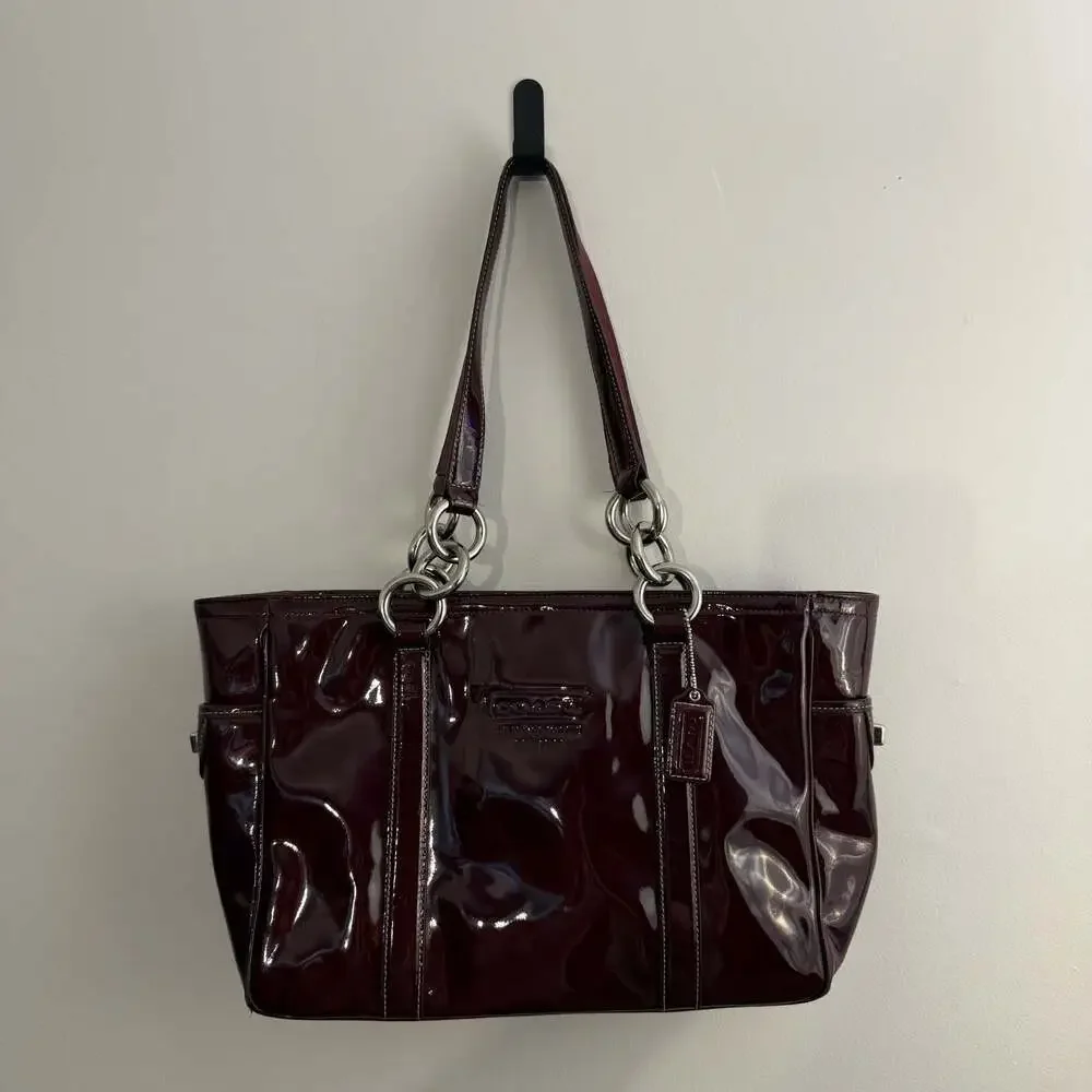 Coach Burgundy Patent Leather Tote Bag with Turnlock Pockets